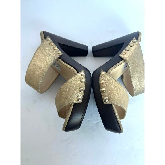 NWOT Jimmy Choo Ulrika Gold Glitter Slide Wooden Platform High Heel Sandals 8.5 - Picture 7 of 13